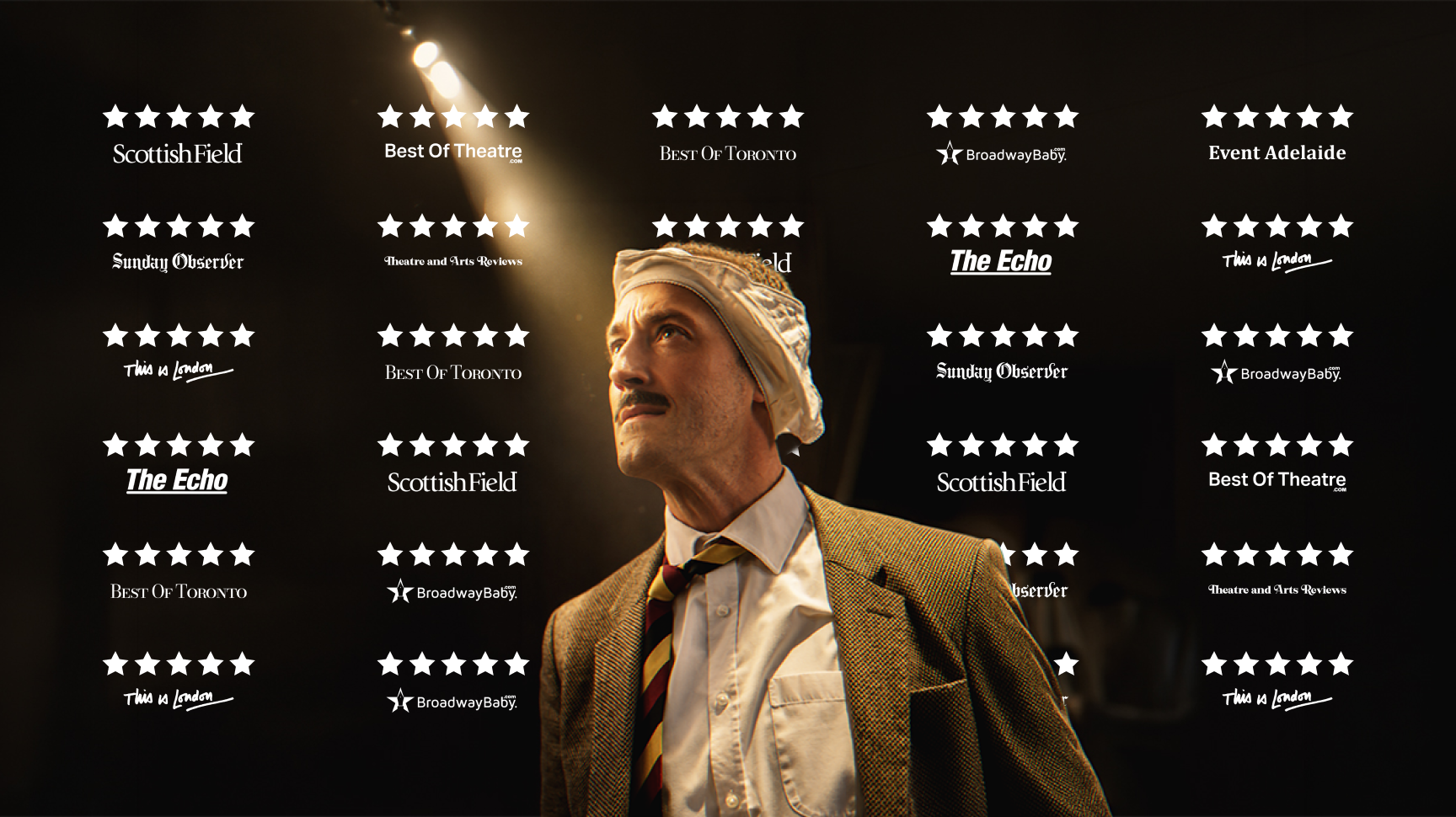 Five star reviews wall with Manuel on stage