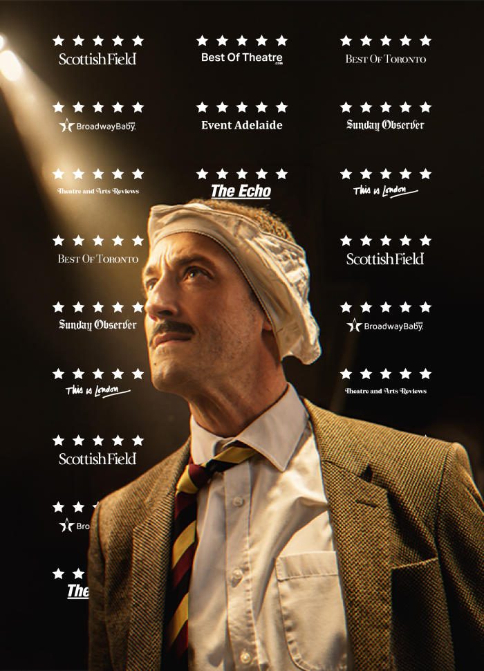 Five star reviews wall with Basil on stage