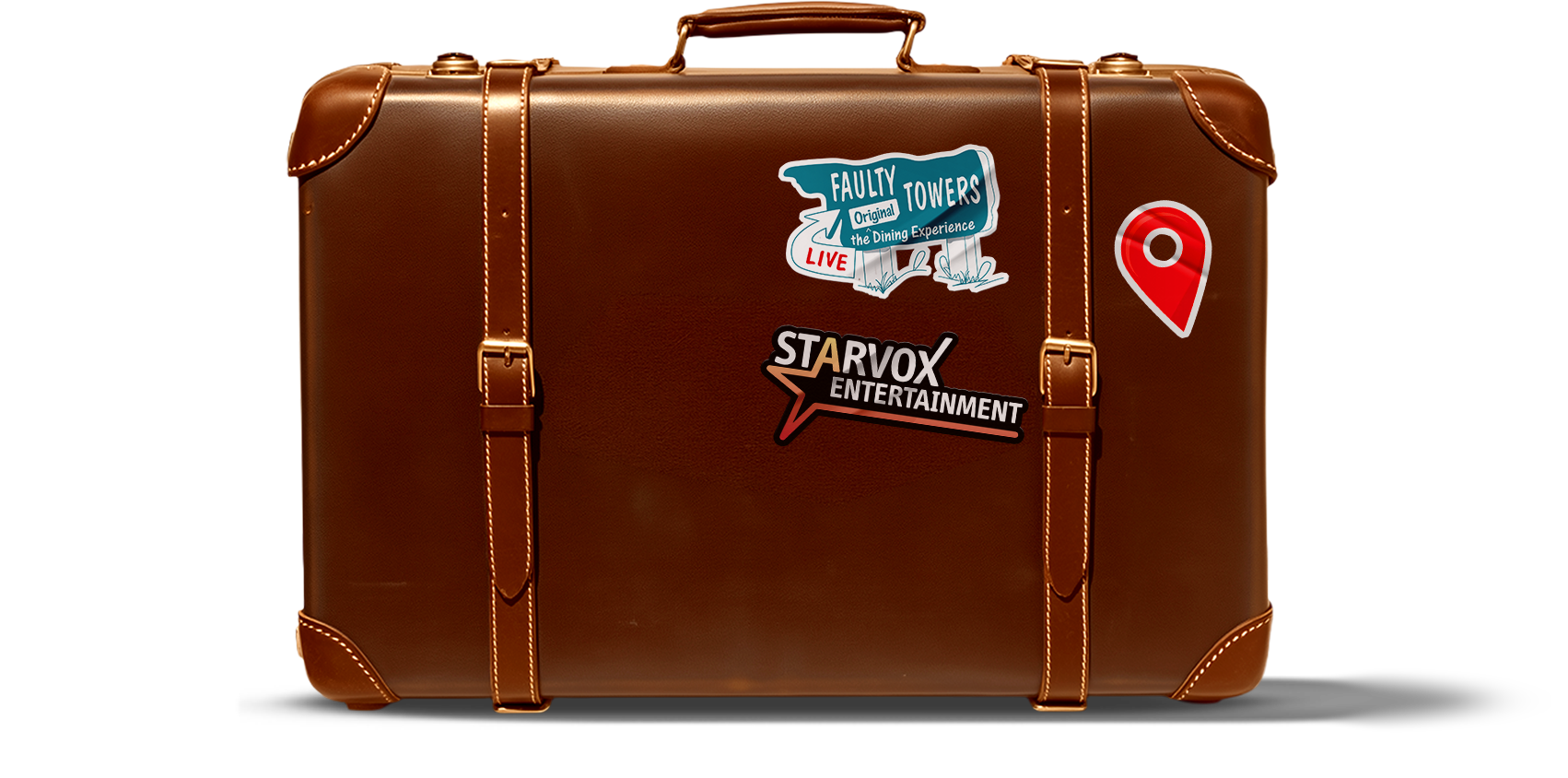 Vintage brown leather suitcase covered in travel stickers